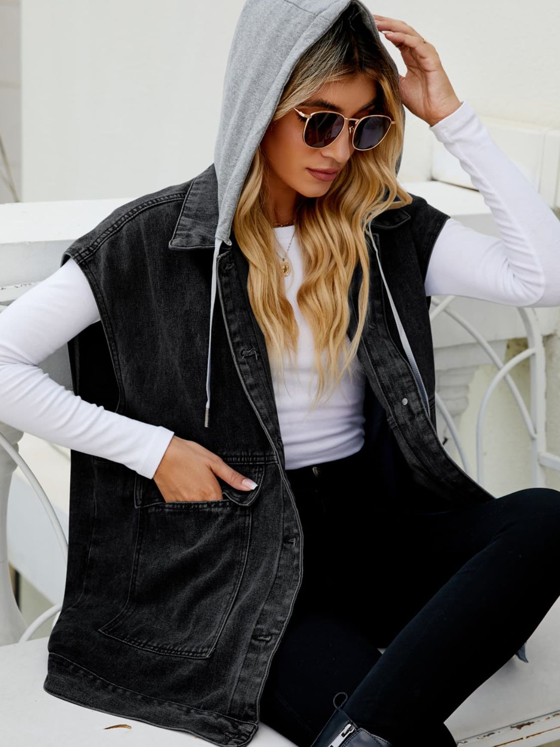 Arizona Hooded Sleeveless Denim Top with Pockets