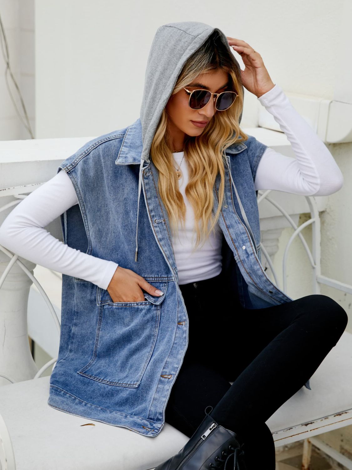 Arizona Hooded Sleeveless Denim Top with Pockets