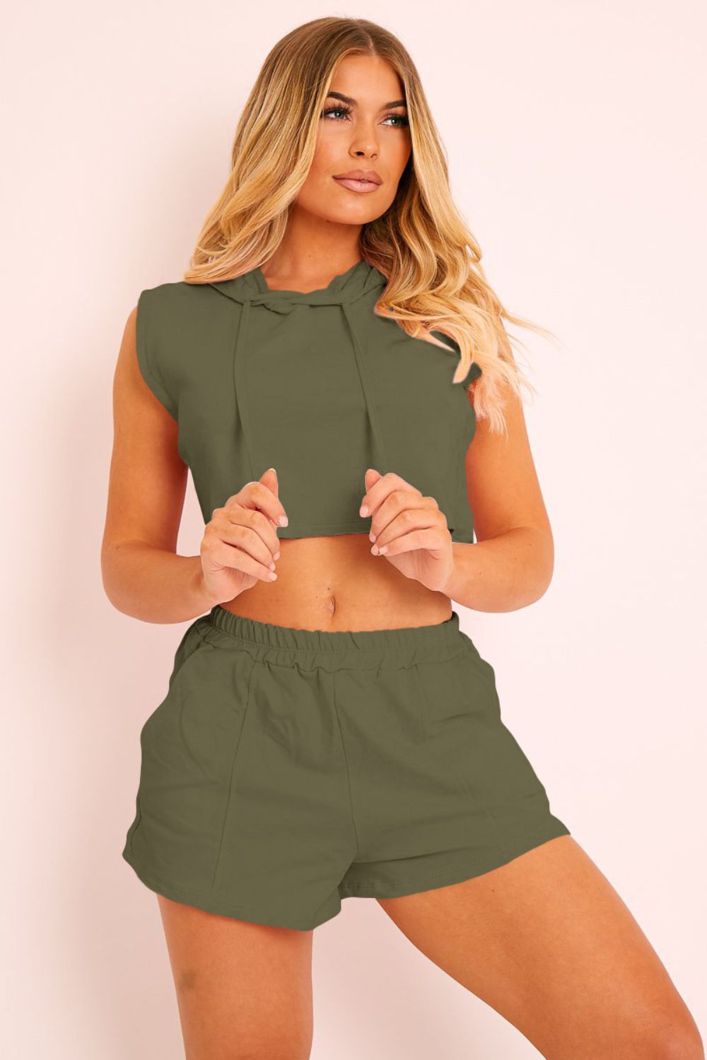 Hooded Crop Top & Pocketed Shorts Set