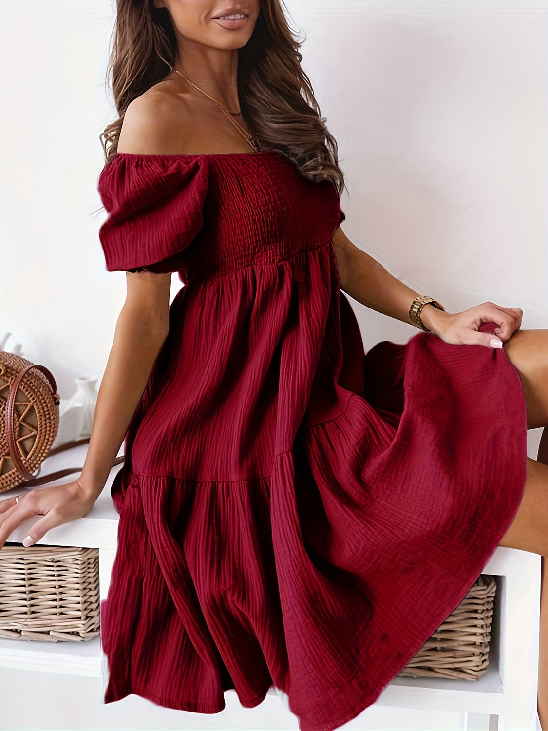 Ruffled Off-Shoulder Short Sleeve Dress