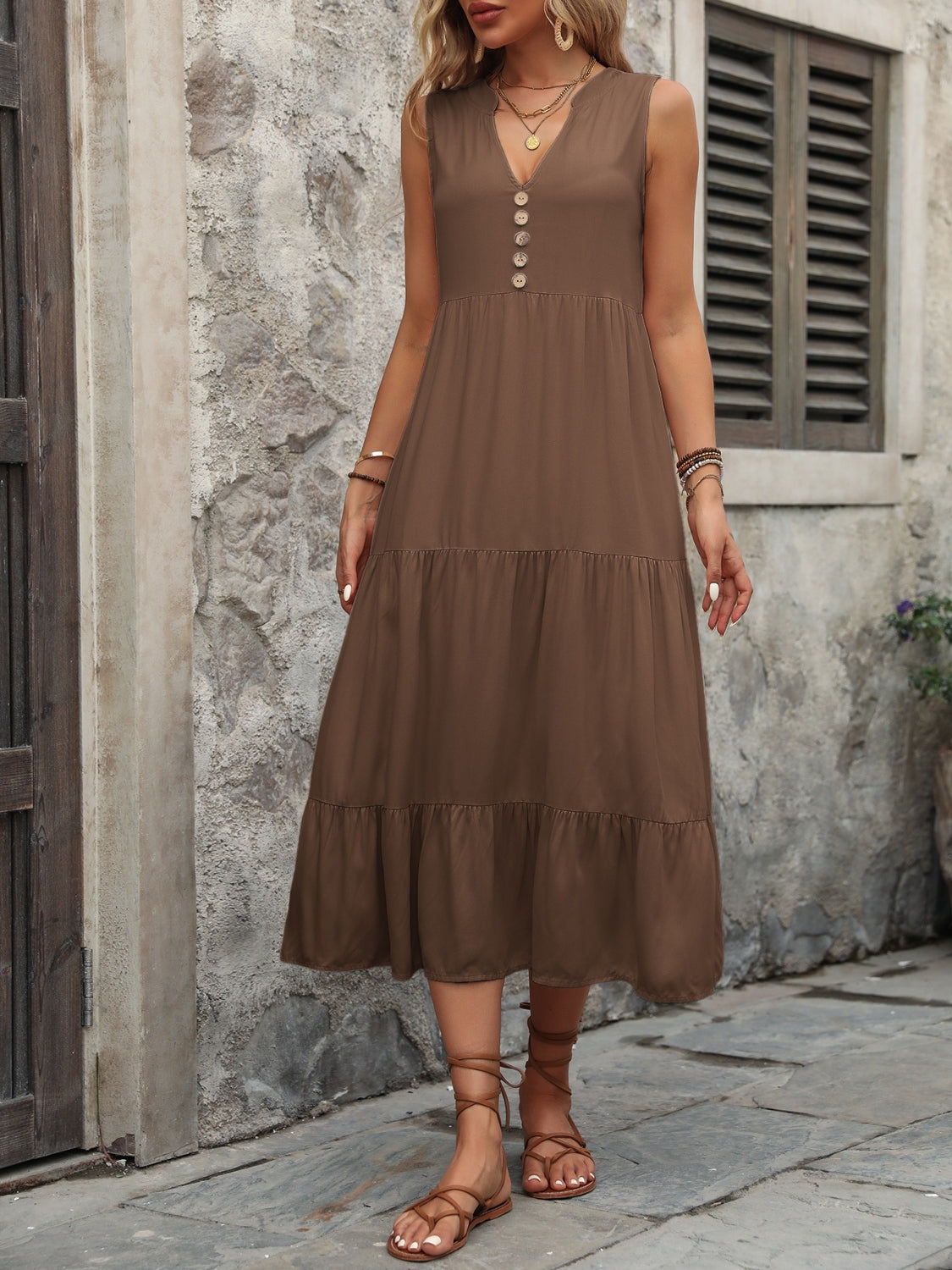 Button Notched Sleeveless Dress