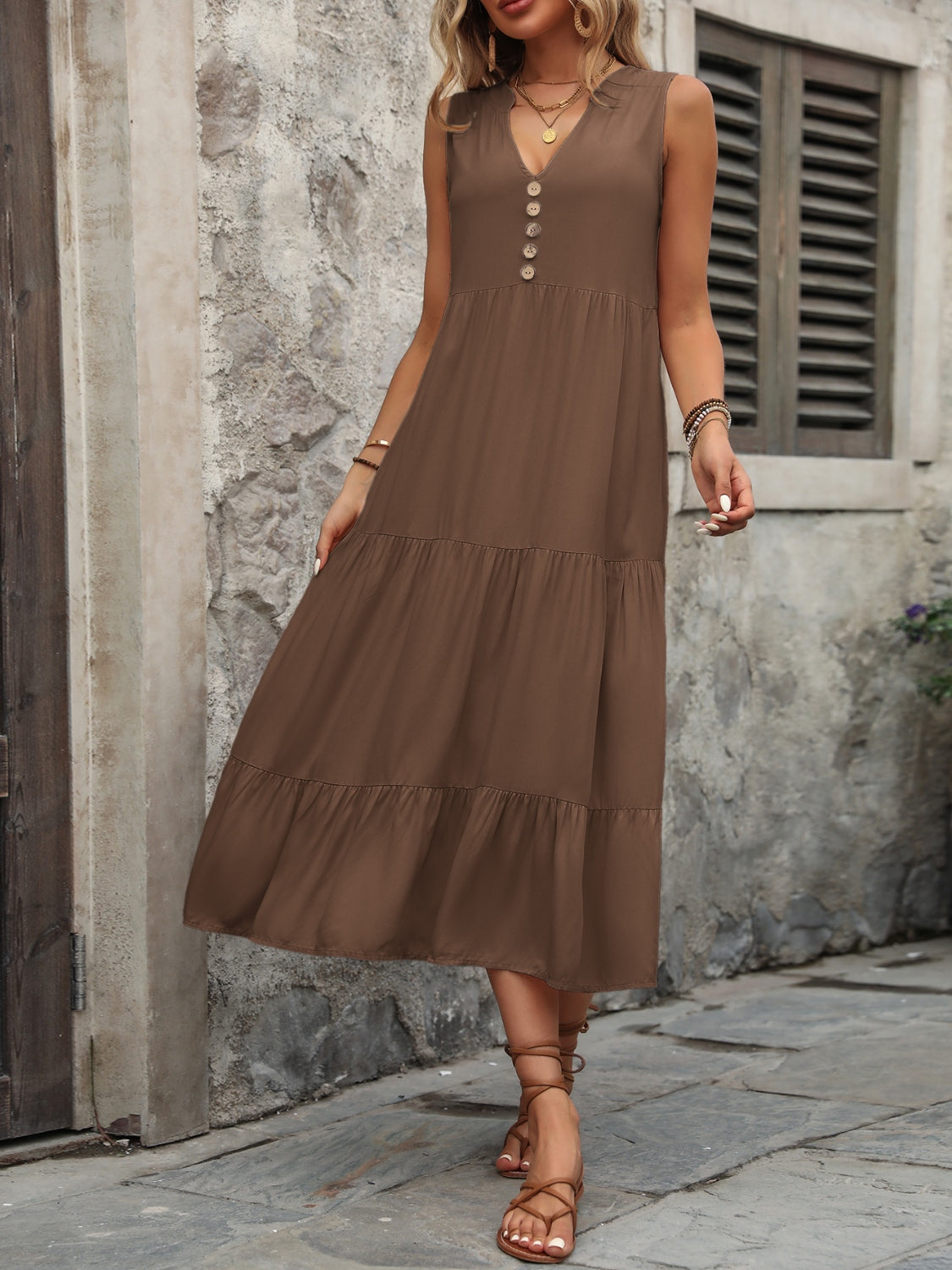 Button Notched Sleeveless Dress