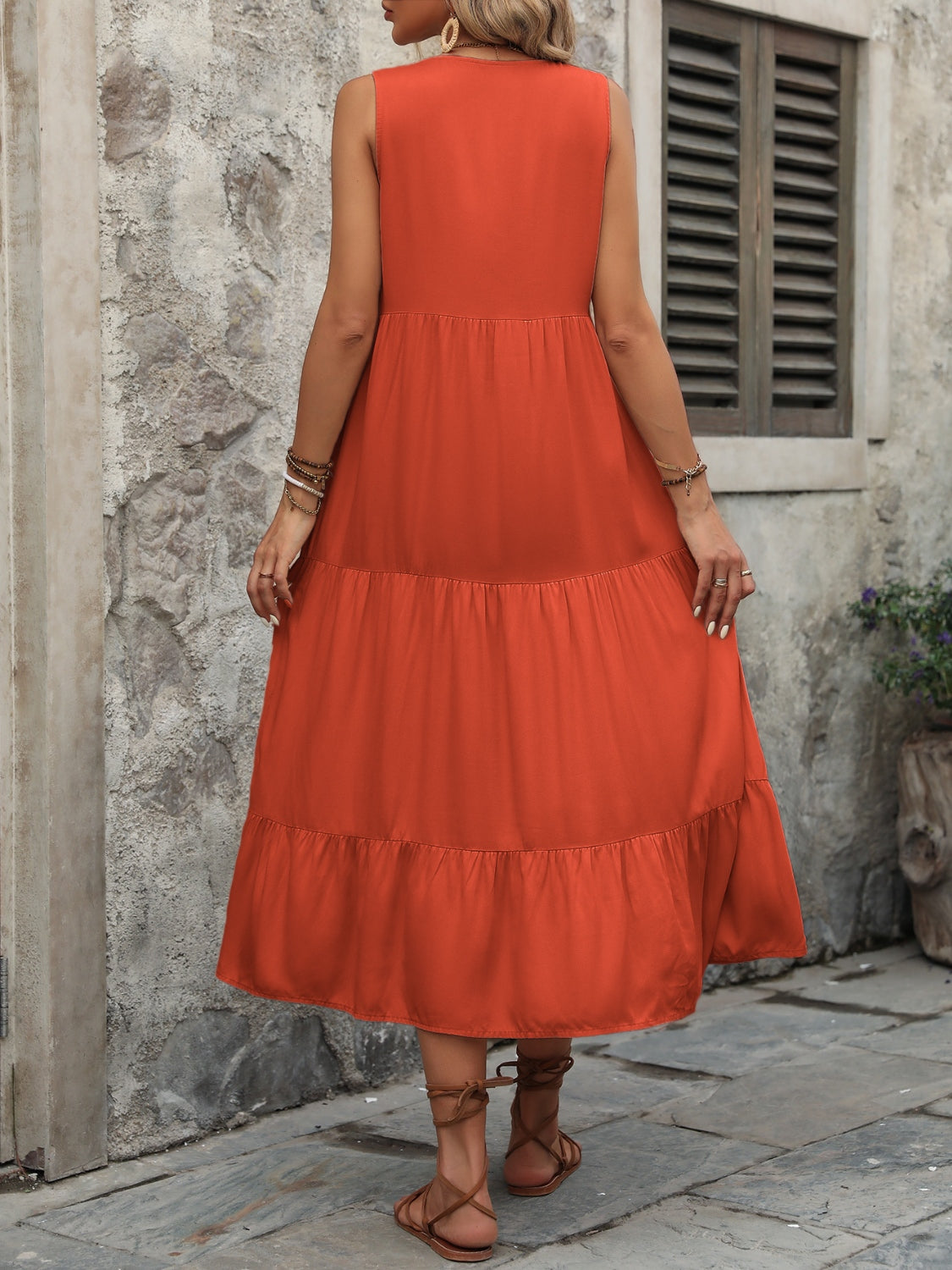 Button Notched Sleeveless Dress