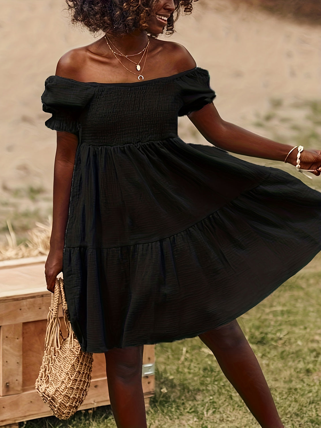 Ruffled Off-Shoulder Short Sleeve Dress