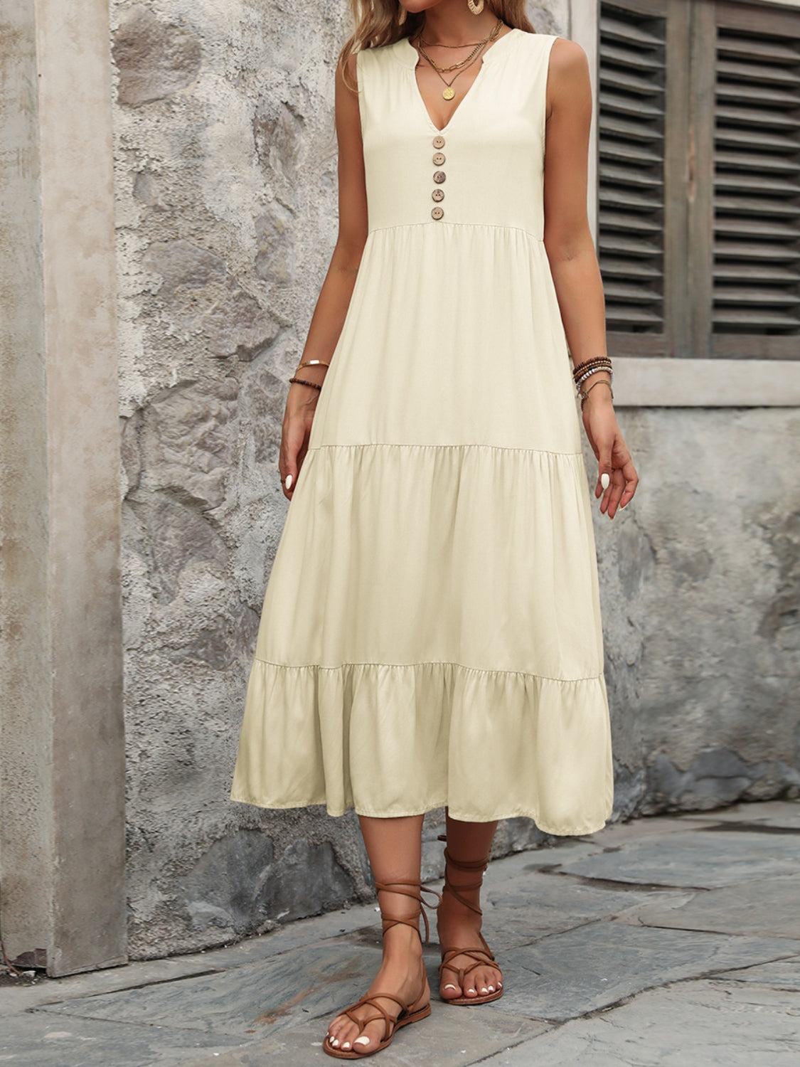 Button Notched Sleeveless Dress