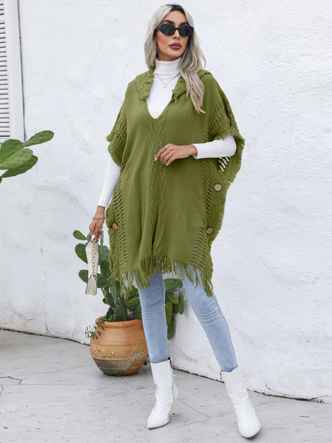 Fringe Trim Buttoned Hooded Poncho