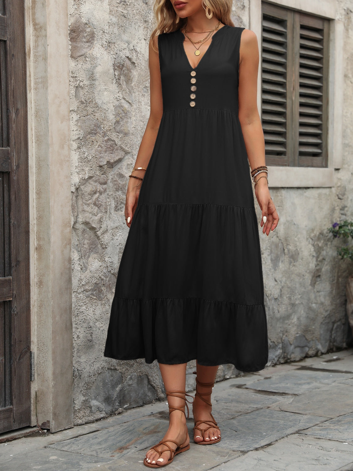 Button Notched Sleeveless Dress