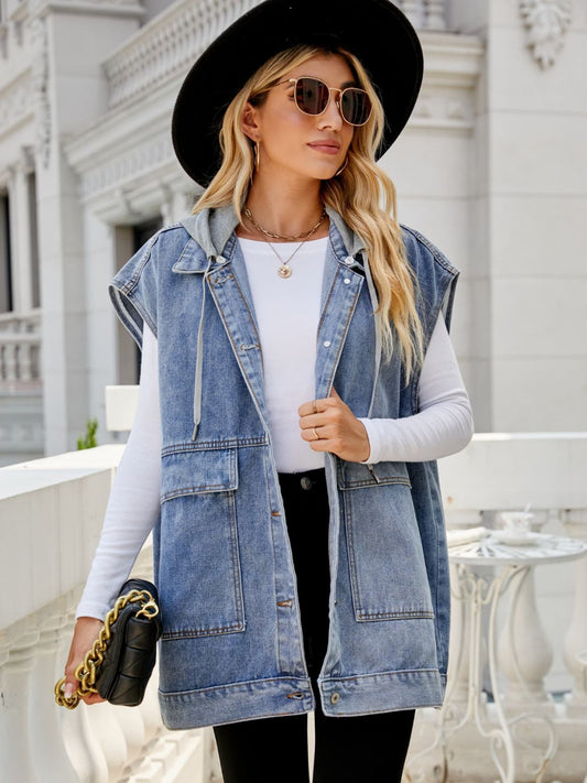 Arizona Hooded Sleeveless Denim Top with Pockets